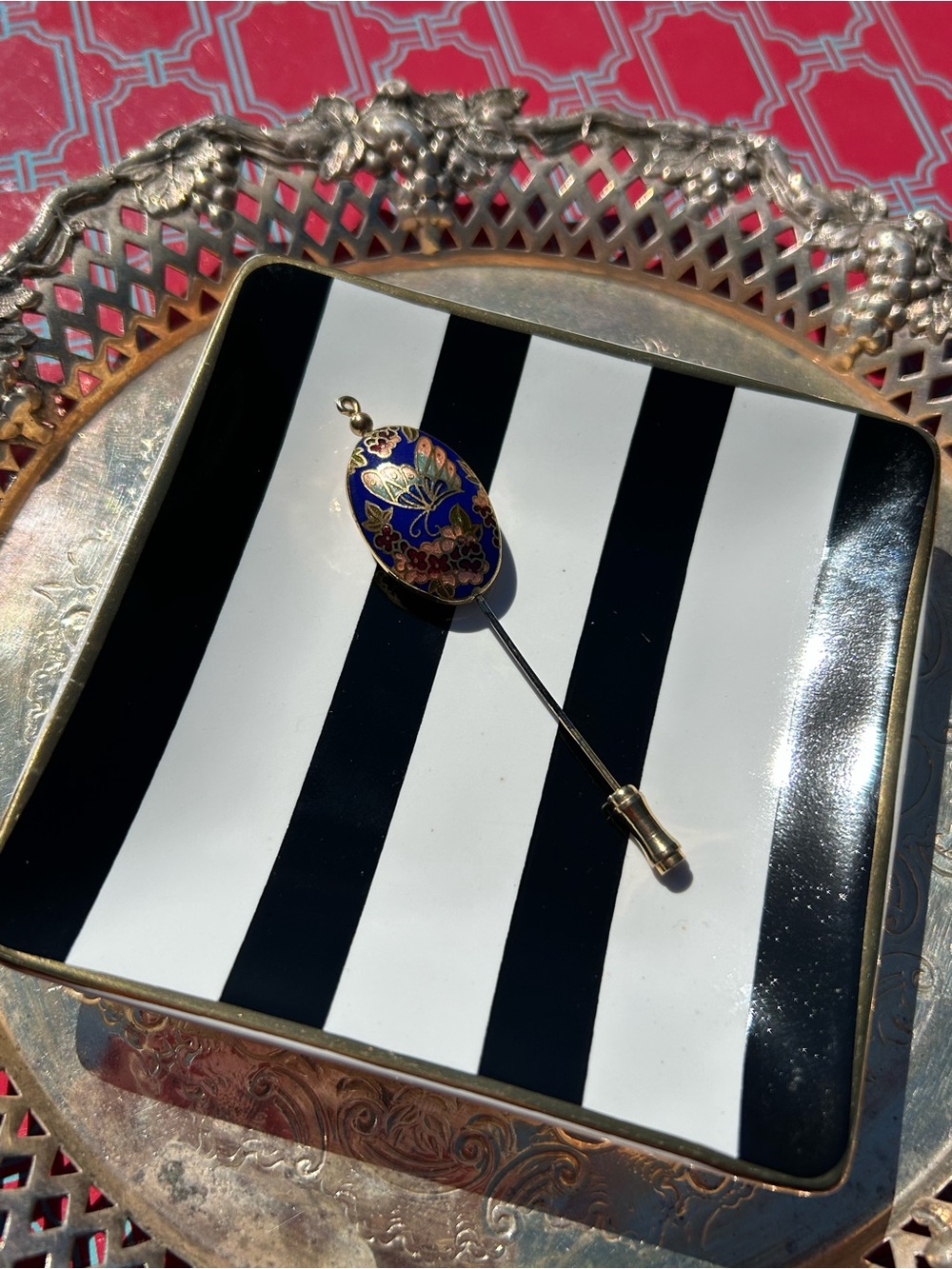 Vintage Cloisonné Hat Pin with Blue Enamel Butterfly & Floral Design